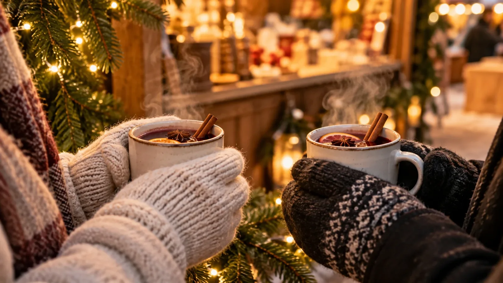 Warm drinks held in mittens beside a softly lit festive stall