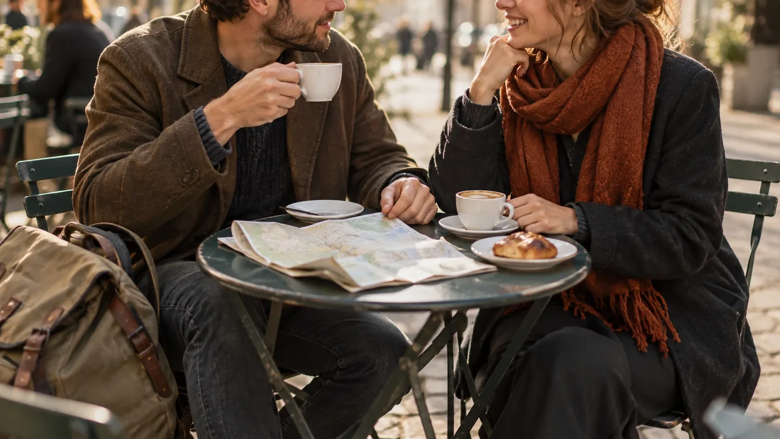A couple sharing a cafe break and a map on a city break