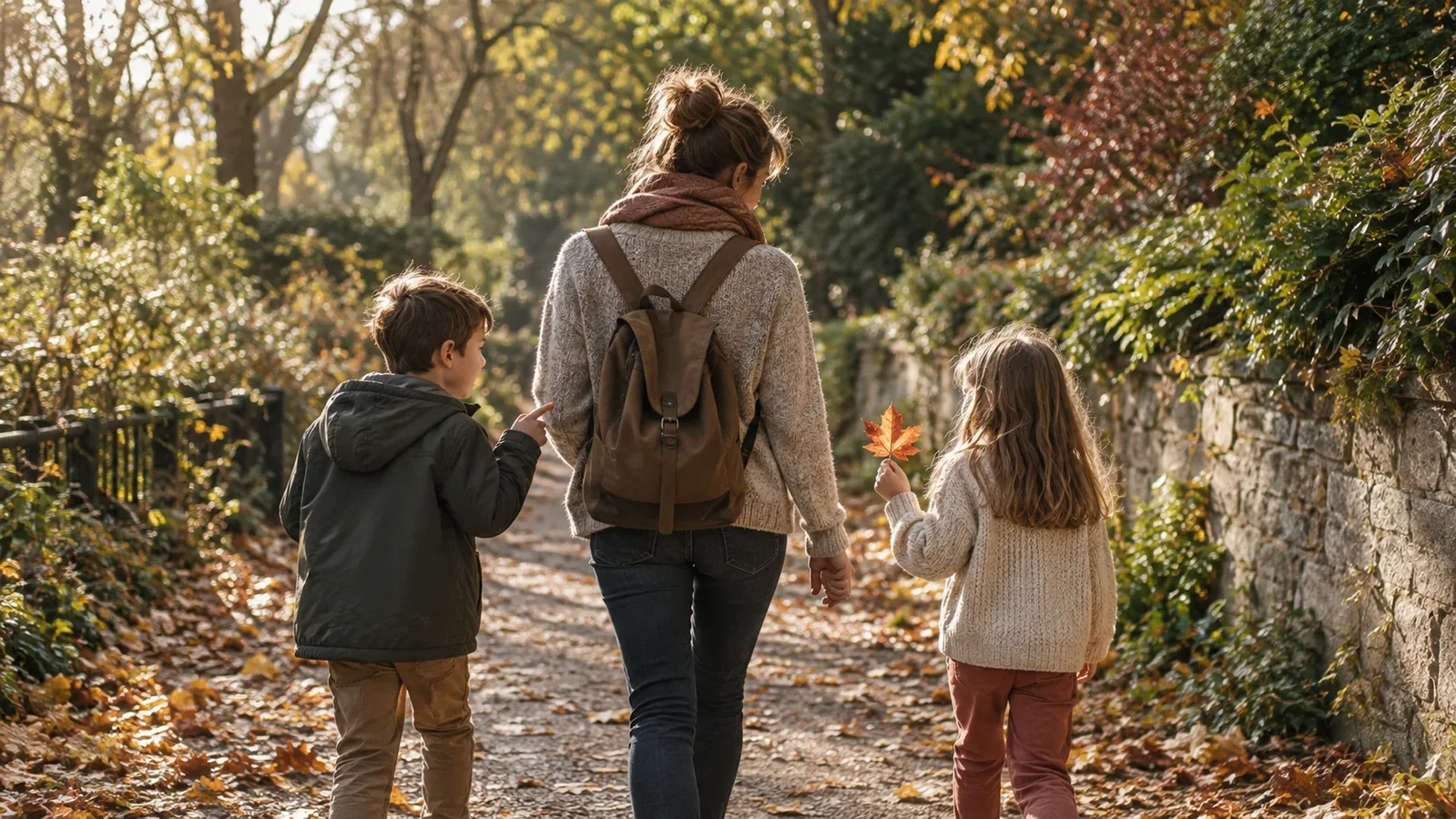 A parent and children enjoying an autumn walk