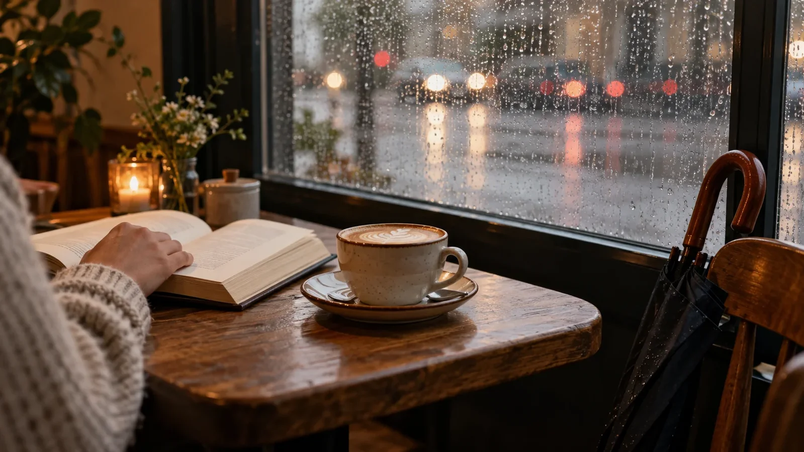 Coffee and a book beside a rain-speckled window