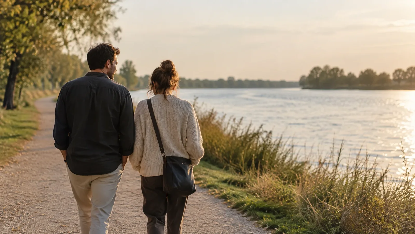 A couple taking a relaxed riverside walk